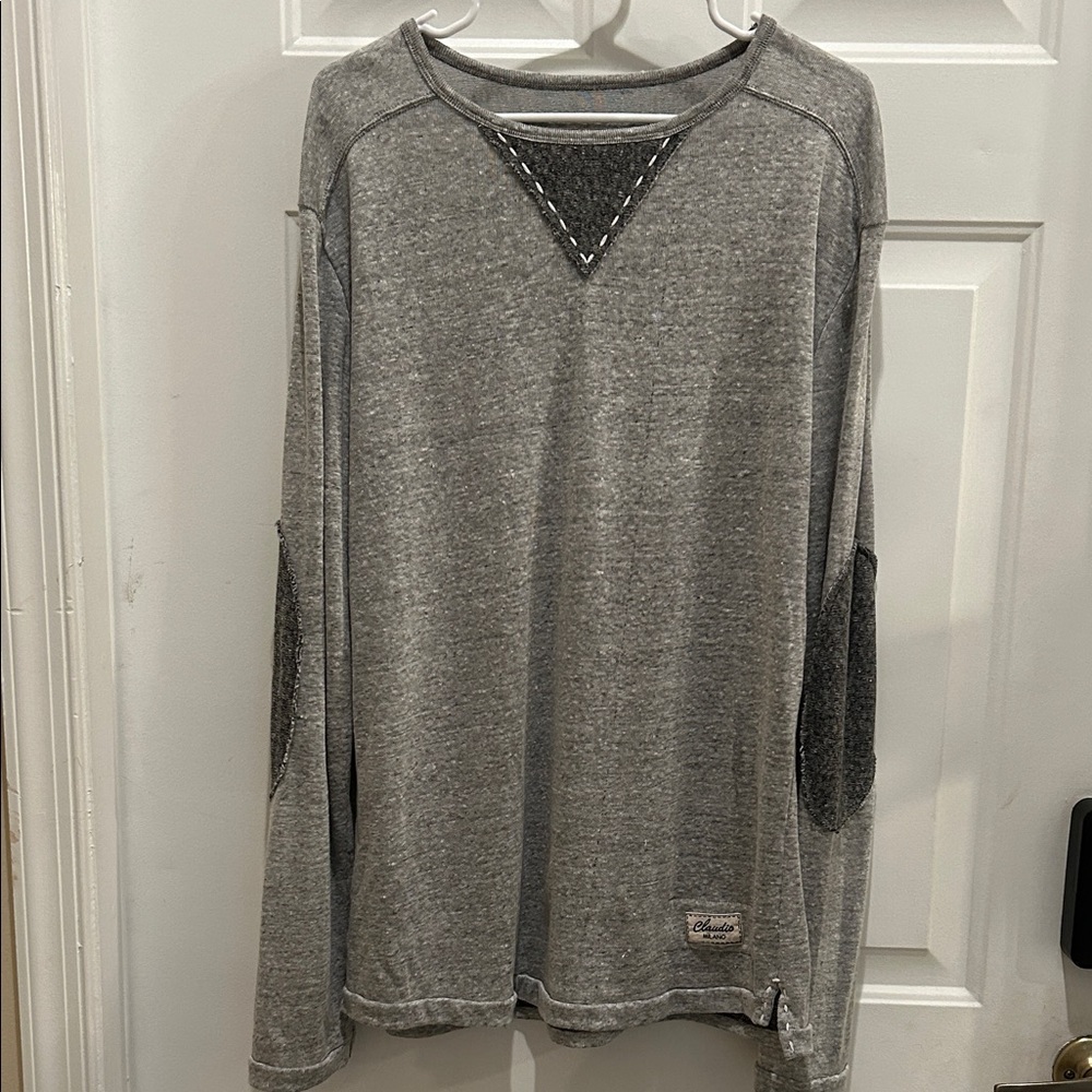 Stylish Gray Crewneck Sweater with Elbow Accents 100% Linen
